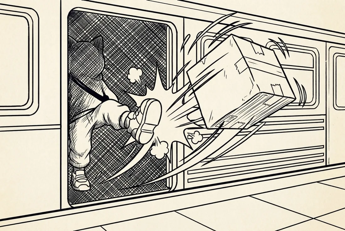 A mystery leg kicks the box out of the train — ink lineart stage