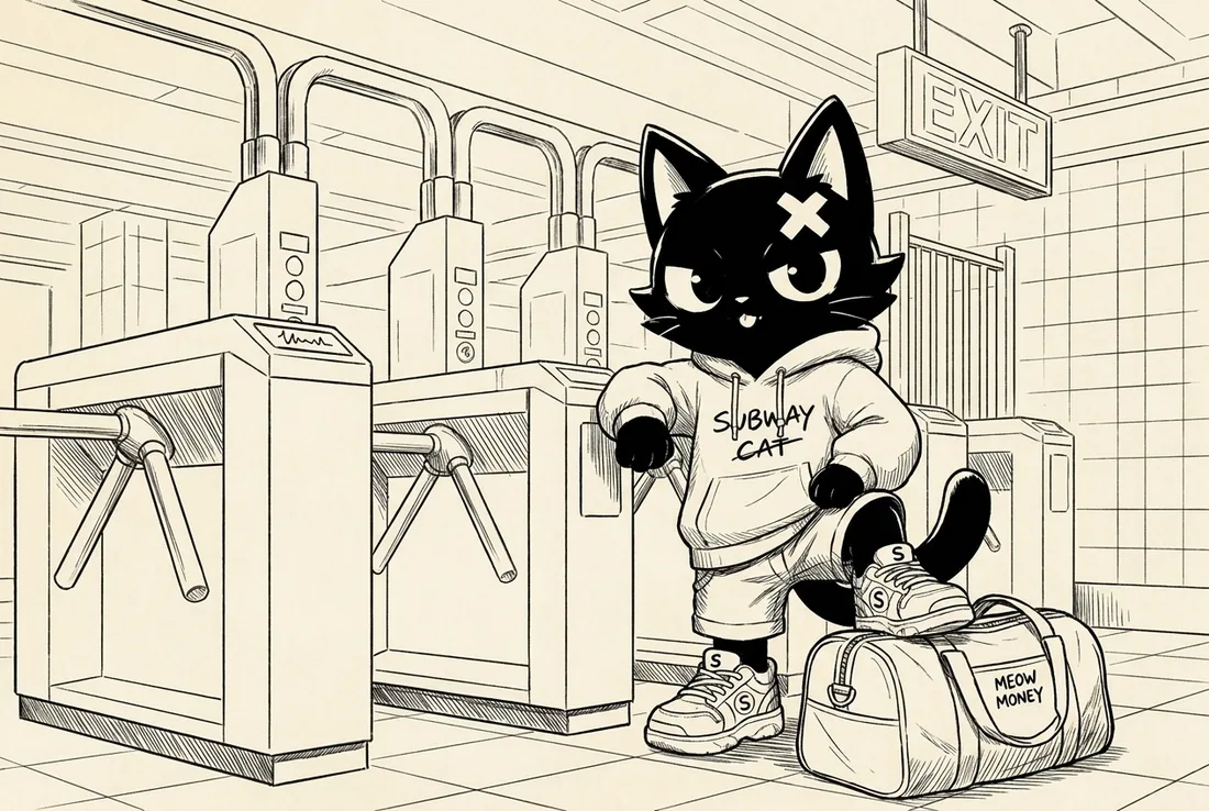 Subway Cat with the MEOW MONEY bag — ink lineart stage