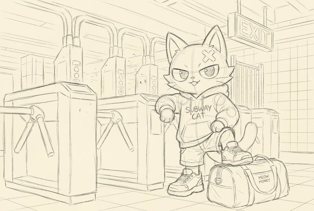 Subway Cat with the MEOW MONEY bag — pencil sketch stage