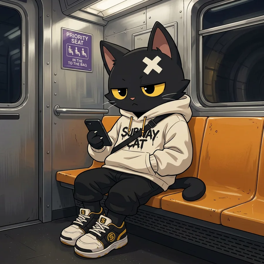 Subway Cat slouched on a train bench, scrolling his phone