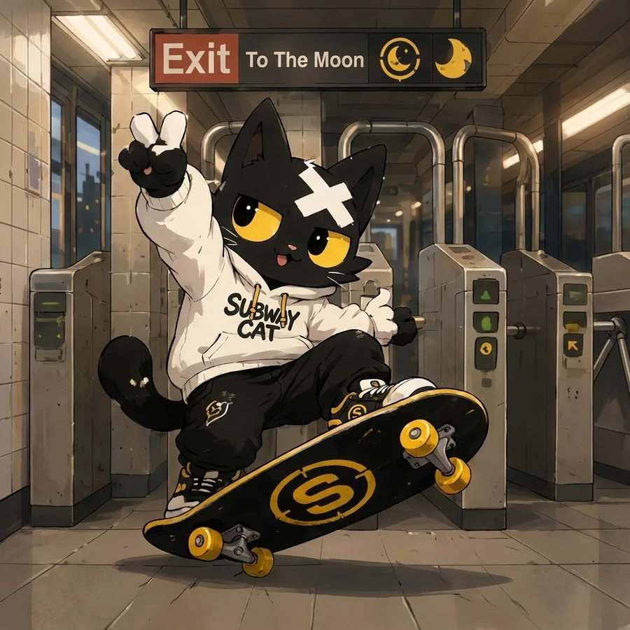 Subway Cat ollieing over the turnstiles under a To The Moon sign