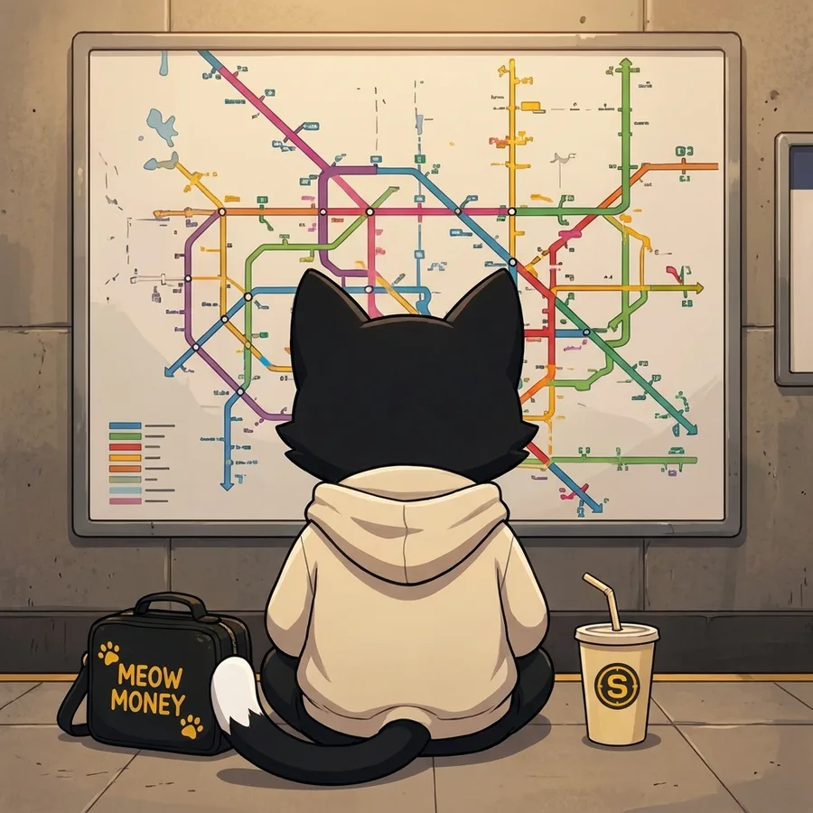 Subway Cat from behind, studying the subway map with a coffee