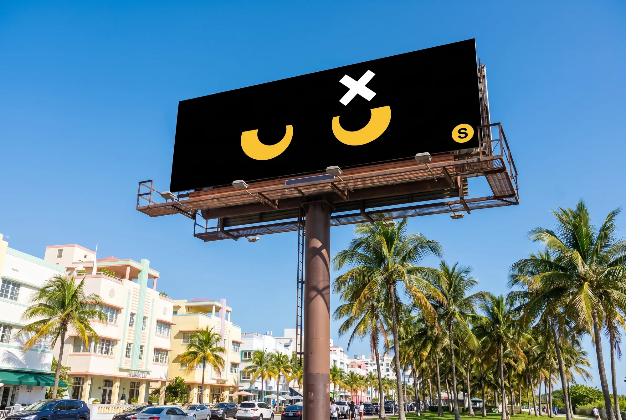 A minimal black billboard with two yellow cat eyes and a white X over Miami