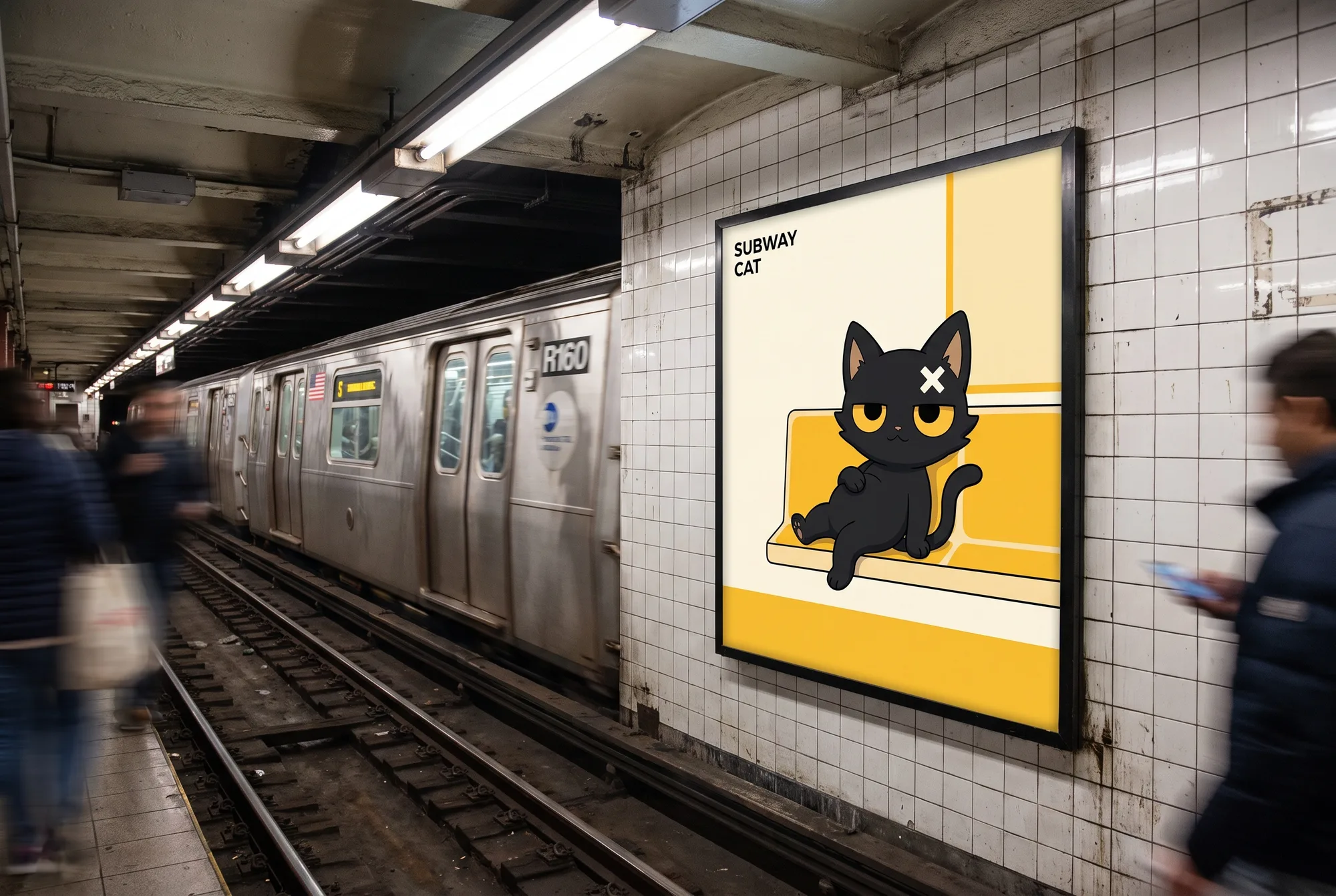 A backlit subway-platform ad panel showing Subway Cat lounging in a train seat